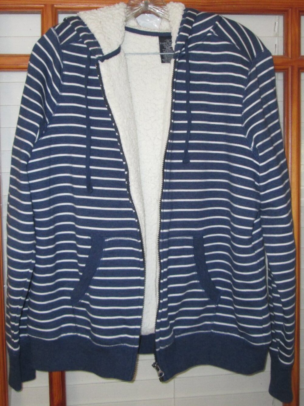 Faded Glory Hoodie Jacket Striped Navy White Women's XXL 20 Sherpa Lined VTG